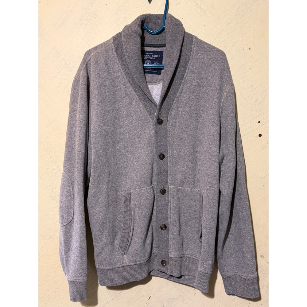 American Eagle Outfitters Mens Shawl Collar Cardigan Gray Elbow Patch XL 9026